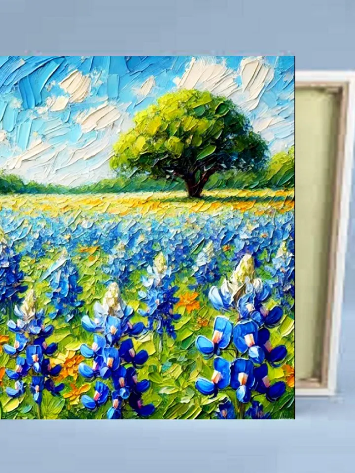 Texas Bluebonnets Painting Flowers Original Art Oak Tree Impasto Oil Painting National Park Painting Landscape Blue Art Impressionist Gifts