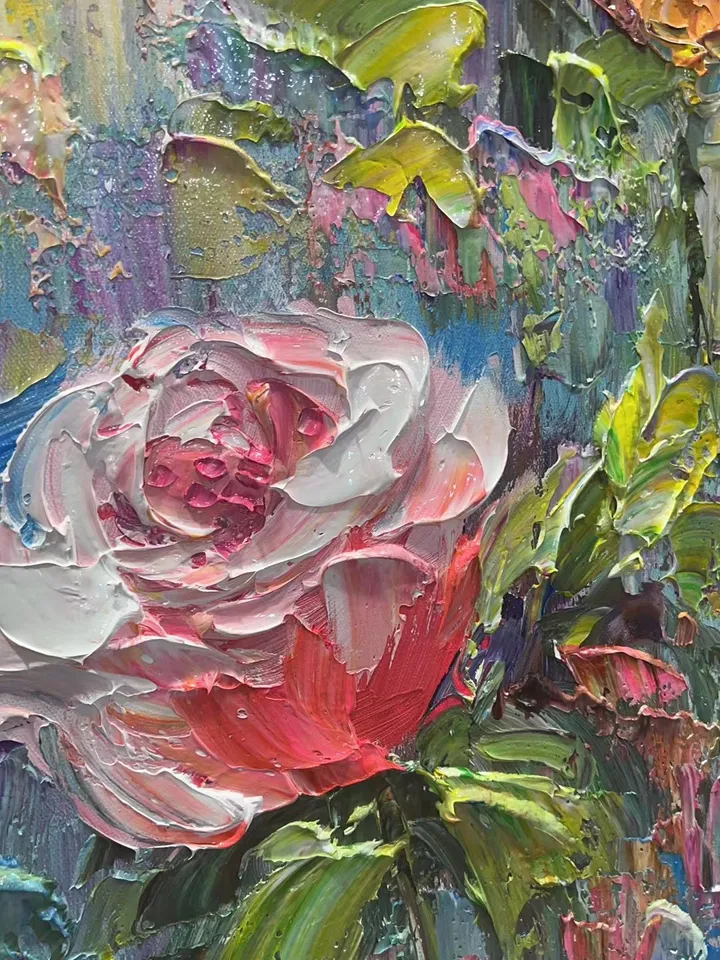 Original Roses Oil Painting On Canvas, Abstract Flowers Painting, Large Wall Art, Pink Roses Decor, Custom Painting,Living room Wall Decor