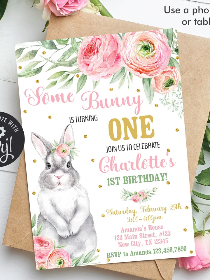 Some Bunny is One Birthday Invitation Girl 1st Birthday Invitation, Bunny Birthday Invitation Instant Download, Editable Template