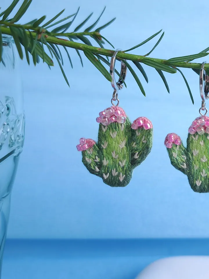 Embroidered Cactus Earrings, Handmade Unique Jewelry, Whimsical Handcrafted Gift, Quirky Jewelry Accessory, Original Gift for Her, Boho Design