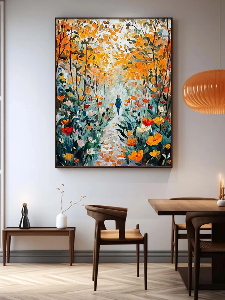 Impasto Autumn Forest Path Oil Painting on Canvas, Woman Walking in Woods, Textured 3D Landscape Art, Nature Wall Art Decor,Fall Foliage Art