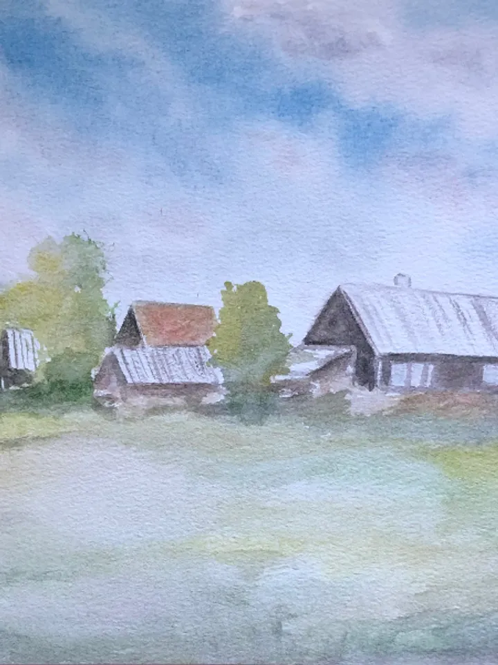 Summer village beautiful landscape modern wall art hand painted original watercolour painting