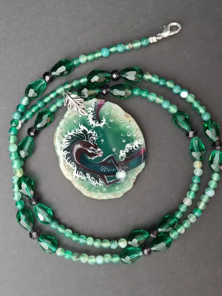 Dragon necklace Painting Dragon on Agate Stone charm Christmas Gift Wrapping