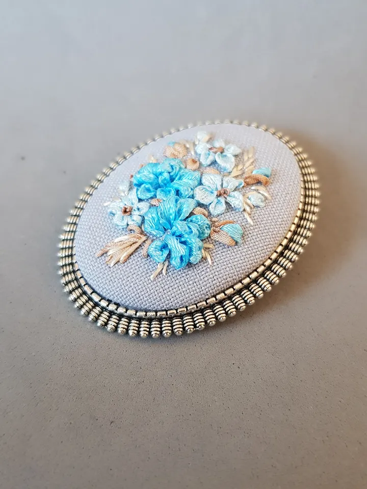 Ribbon embroidered brooch for her, hand embroidery blue jewelry