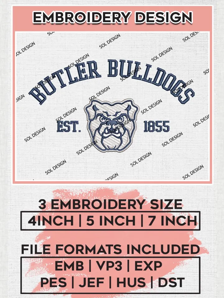 Butler Bulldogs Est 1855 Logo Embroidery Designs, NCAA Butler Bulldogs Team Embroidery, NCAA Team Logo, 3 sizes, Machine embroidery Files, Digital Download