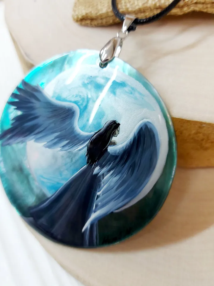Mother-of-pearl Russian necklace "Angel". Russian lacquer miniature. An elegant gift for Mom. Pendant necklace with Russian hand-painted.