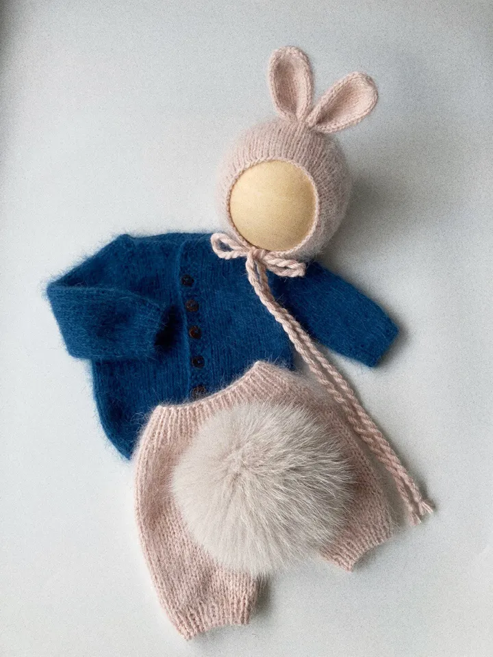 Knitted angora bunny set for newborn photography.Knitted Newborn photo props