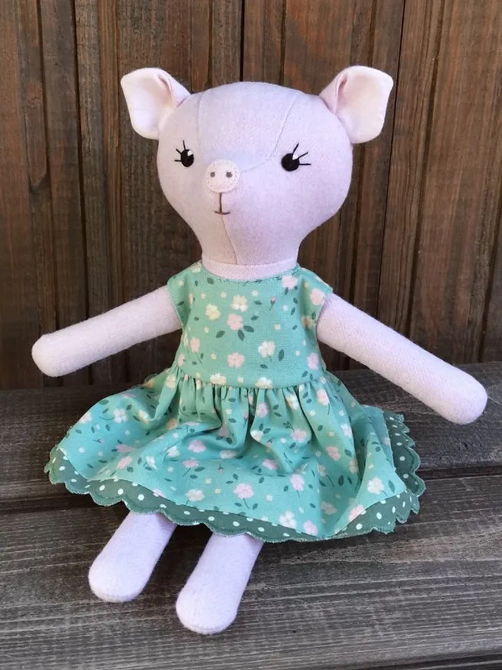 Pink pig girl, handmade wool plush toy, textile stuffed piggy doll