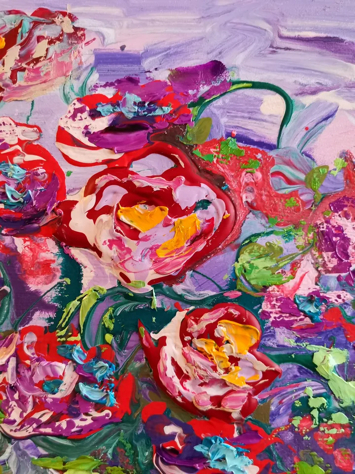Bouquet Red Flower Abstract Roses Impasto Painting Original Art Artist Svinar Oksana