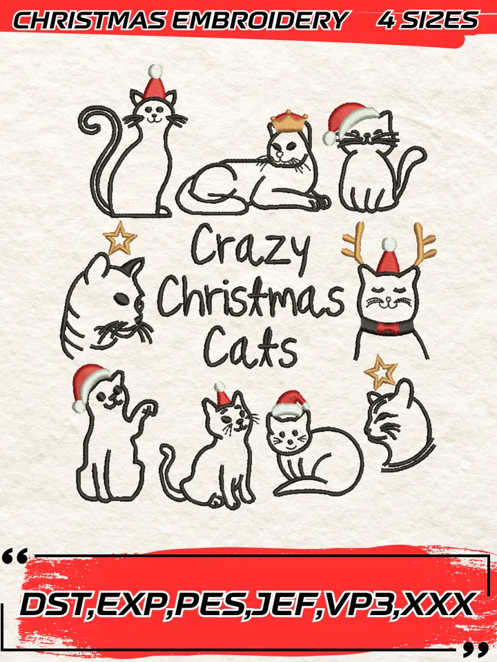 Cazy Christmas Cat Embroidery Design,Christmas Embroidery Design,4 Sizes, Digital Download