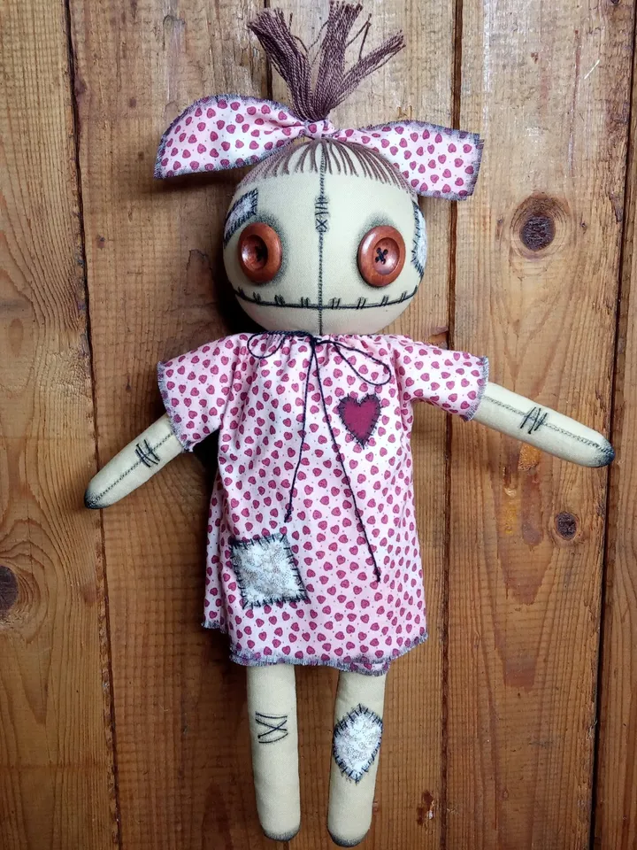 Handmade Doll With Button Eyes (Pink Hearts)