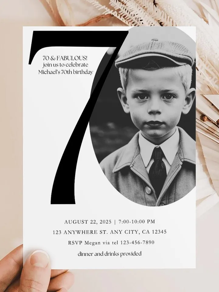 70th Birthday Party Invitation Card, Look Who's 70, Editable 70th Birthday Card Template, Printable Minimalist Birthday Photo Card Canva