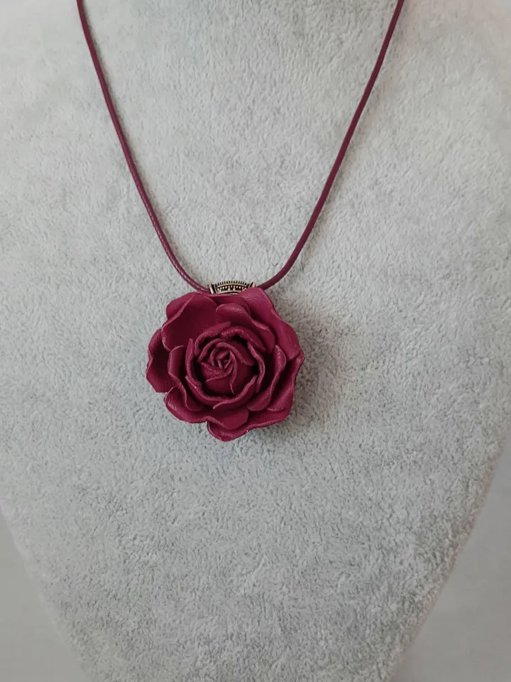 Bordo leather rose pendant 3rd anniversary gift for wife, Leather women's jewelry