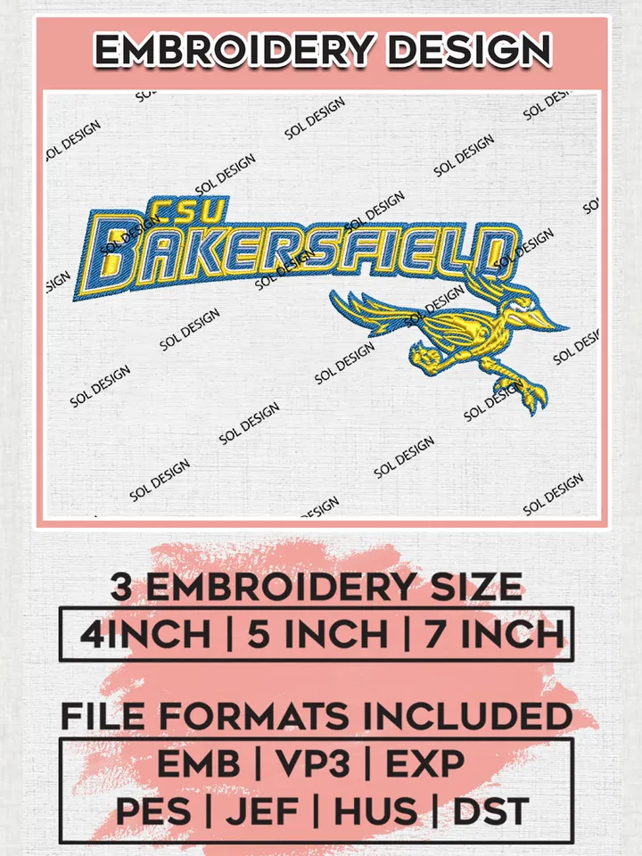NCAA CSU Bakersfield Team Logo Embroidery Design Files, NCAA Cal State Bakersfield Roadrunners Machine Embroidery, NCAA Teams, Game Day, 3 sizes, NCAA Machine embroidery designs, Digital Download