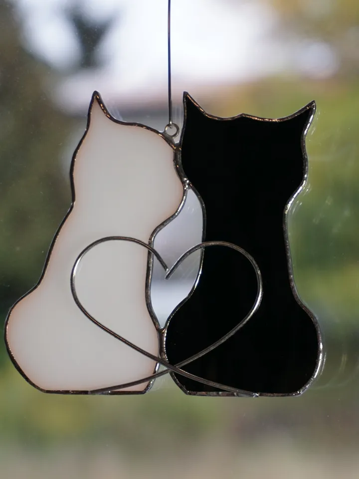 Couple in love Two Cats Stained glass hanging and standing on table , shelf sitters , Suncatcher black , white 2. Cute gift for animal lover