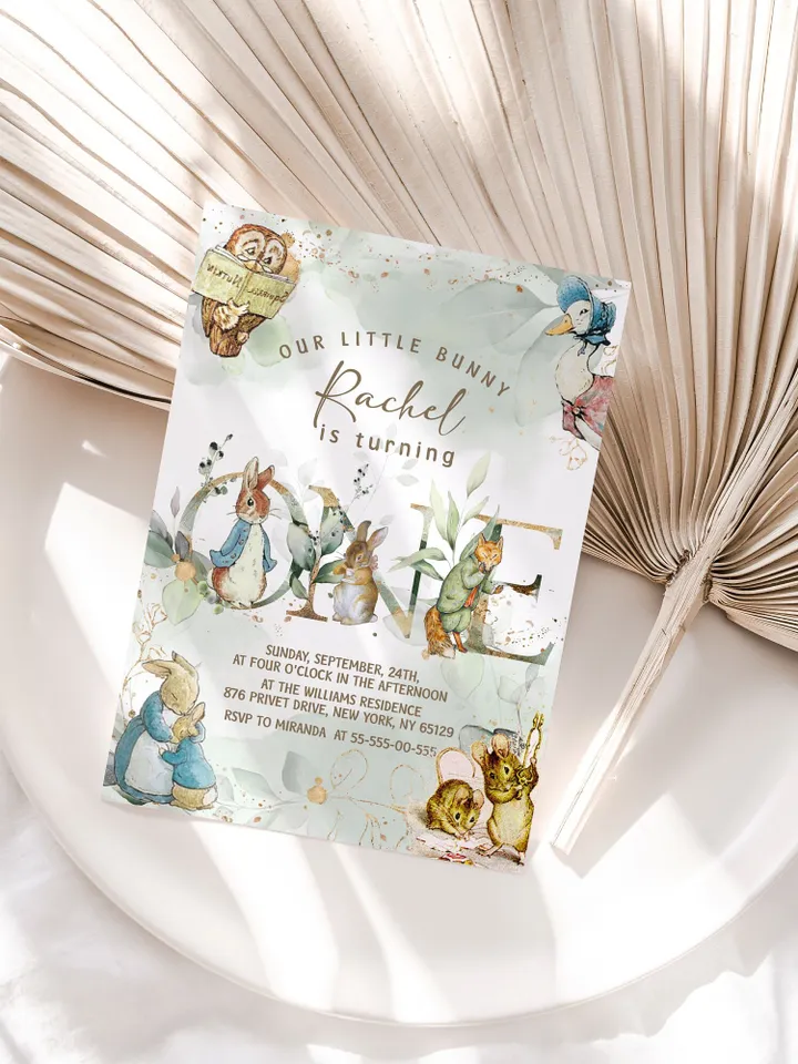 DIY Classic Peter Rabbit First Birthday Invitation; Peter Rabbit neutral birthday any age editable template; tale of peter rabbit pr5