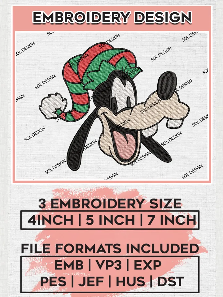 Cute Goofy Elf Christmas Embroidery Design Files, Disney Christmas Machine Embroidery, Disneyland Family Holiday, 3 sizes, Cute Christmas Machine embroidery designs, Digital Download