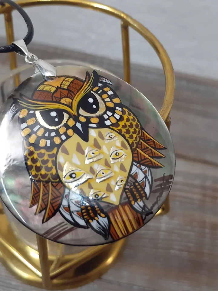 Pearl pendant necklace: Eagle Owl in style of Gustav Klimt • Awesome bird pendant for stylish women • Mystery Halloween owl amulet for witch