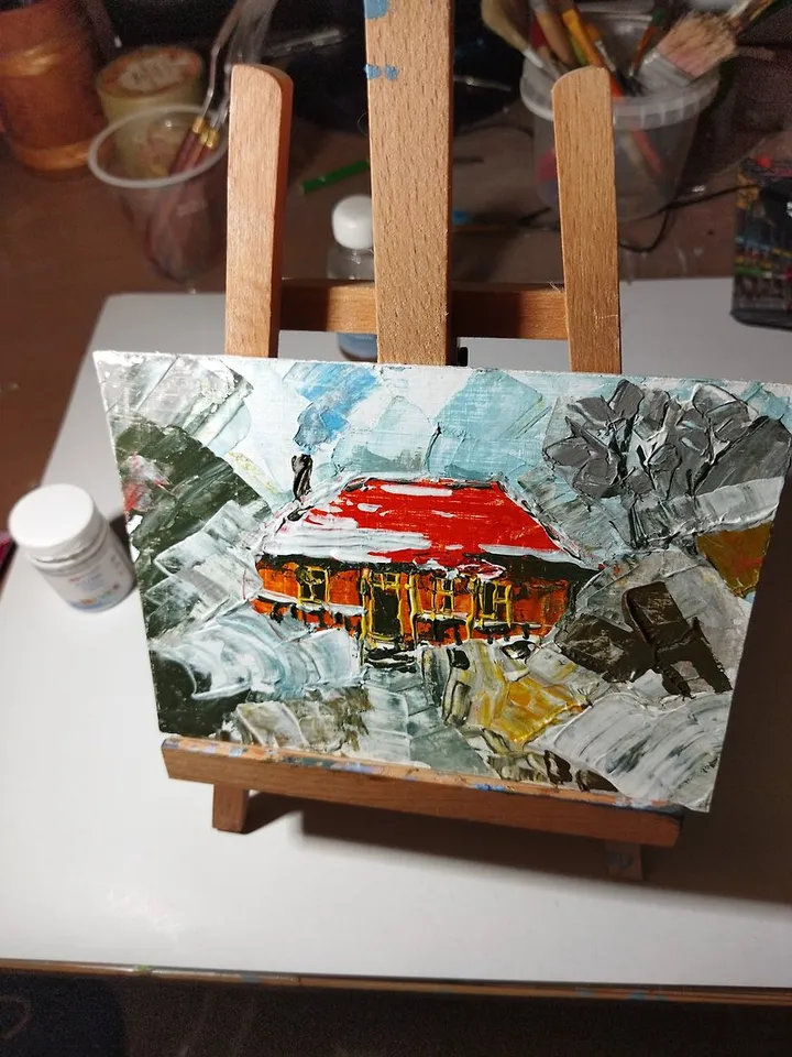 small picture of winter landscape,house in the forest,house in the snow,oil