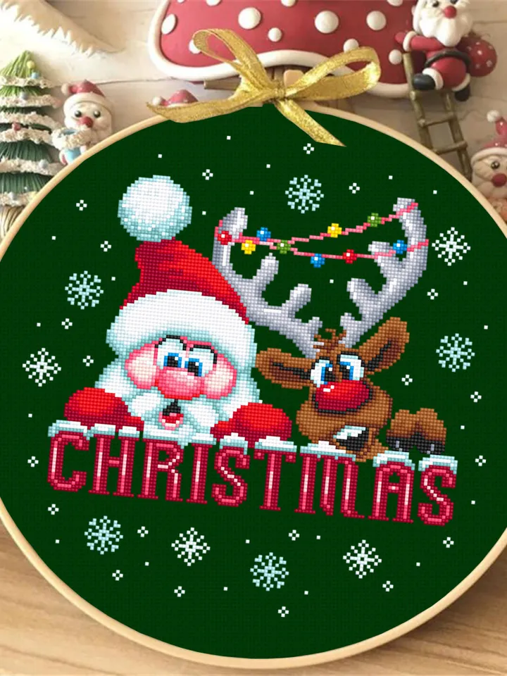 Christmas santa and reindeer cross stitch pattern download PDF Funny deer cross stitch chart, Christmas pattern digital PDF, Home decor #N64
