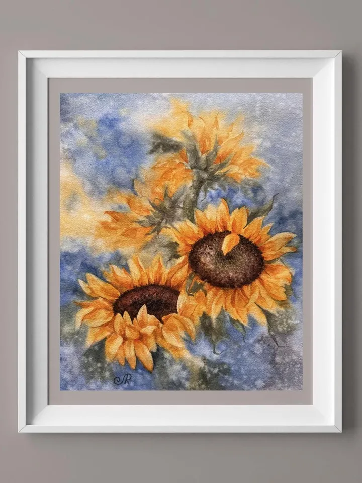 Sunflowers Original Painting Yellow Flowers Painting Wildflowers Watercolor Art Meadow Wall Art