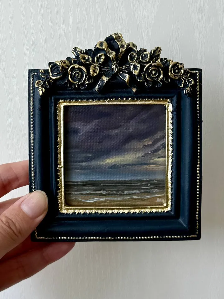 Small Landscape Oil Painting Framed Original Dark Clouds Antique Ocean Art Coastal Antique Frame Tiny Paintings 4 x 4 Art Victorian artwork