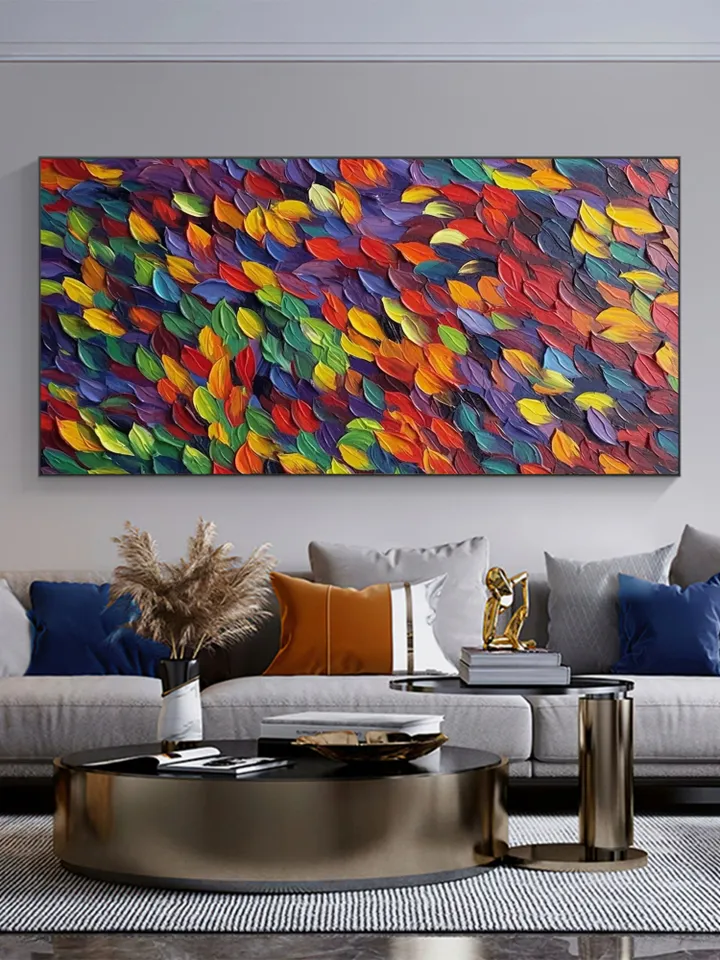 Original Rainbow Impasto Painting, Textured Abstract Art, Colorful Wall Art, 3D Canvas Art, Leaf Painting, Modern Art, Large Wall Decor