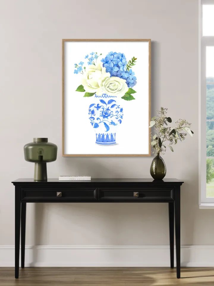 Chinoiserie Vase Wall Art Print, Hydrangea Painting, Ginger Jar Art, Blue and White Porcelain  Vase,Housewarming Gift, Apartment Decor Print