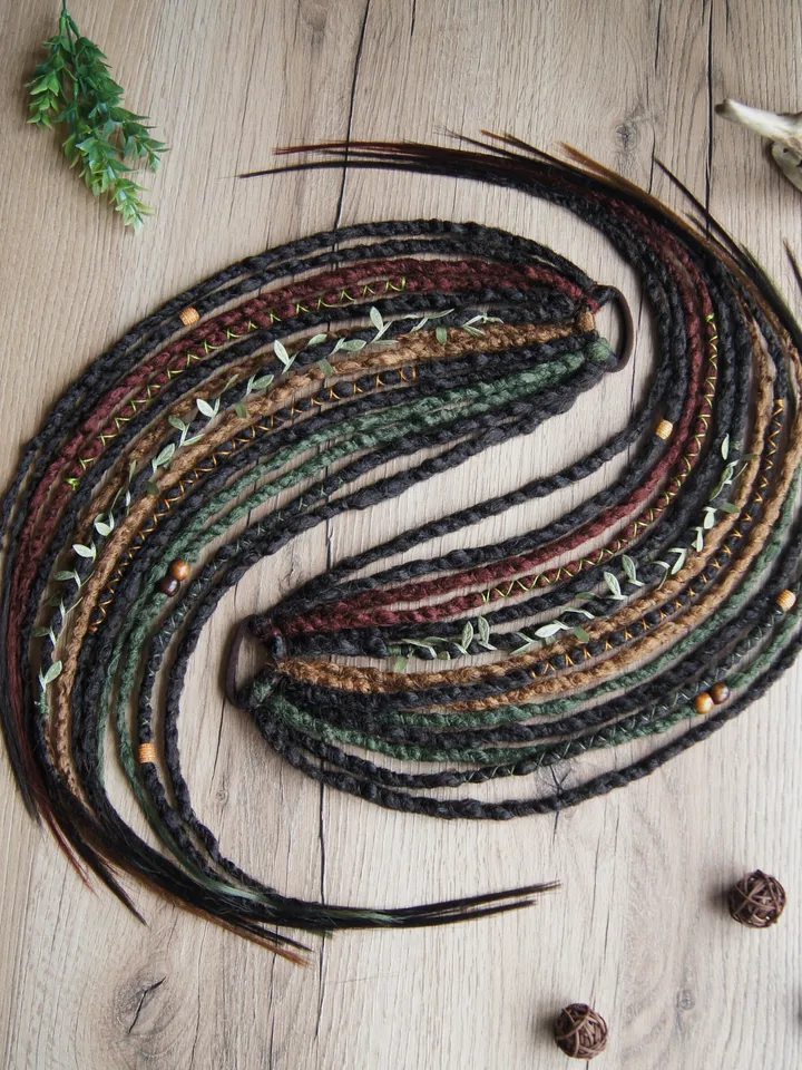 Dreads on hairband, Forest witch kit, Ponytail brown green red synthetic Dreadlocks extensions, bohemian boho style, Wig Hair Falls, cosplay