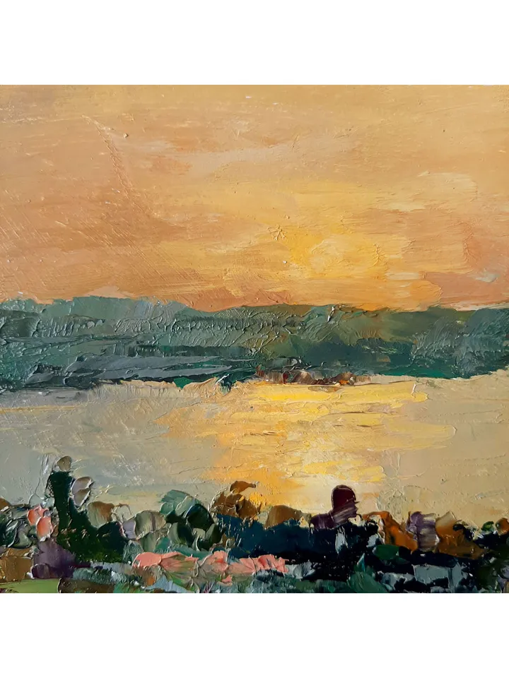 Golden Sunset Painting 8x12" ORIGINAL ART River Artwork Impressionist Seascape Signed by artist Marina Chuchko