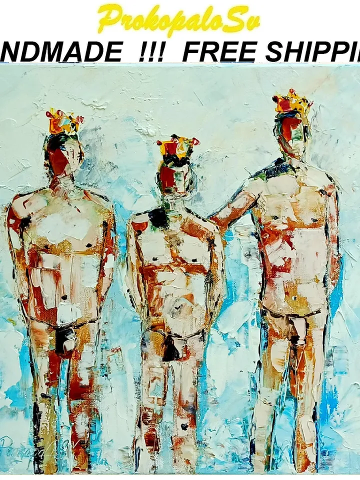 Crown Prince Painting On Canvas Male Bodies Impasto Original Canvas Art Gay Naive Style Artwork 12 by 12 iGifts for Him by ArtProkopaloSv