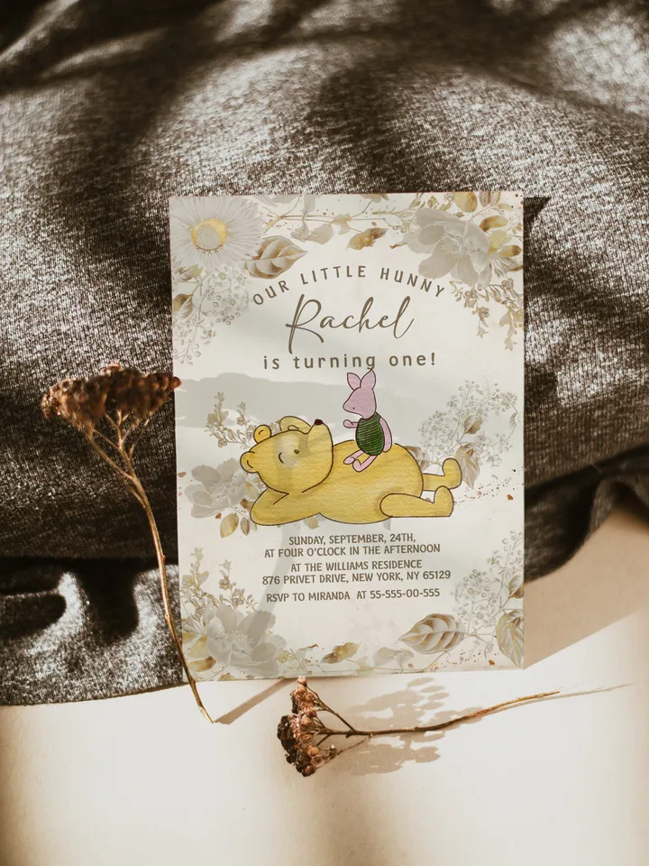 Winnie the Pooh Inspired First Birthday; Classic Winnie Pooh Invitations; Neutral Winnie Pooh Turning One; Winnie Pooh Birthday Party flw12