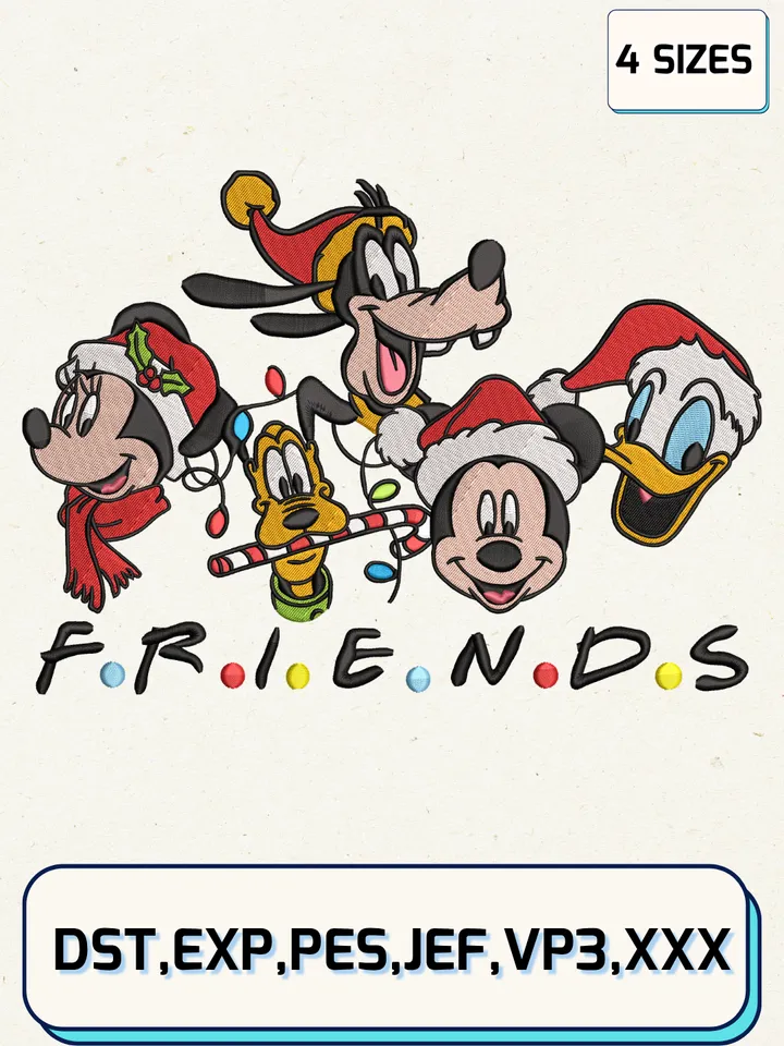 Mickey And Friends Christmas Embroidery Design,Christmas Embroidery Designs,Machine Embroidery Files,Mickey Embroidery Design,4 sizes