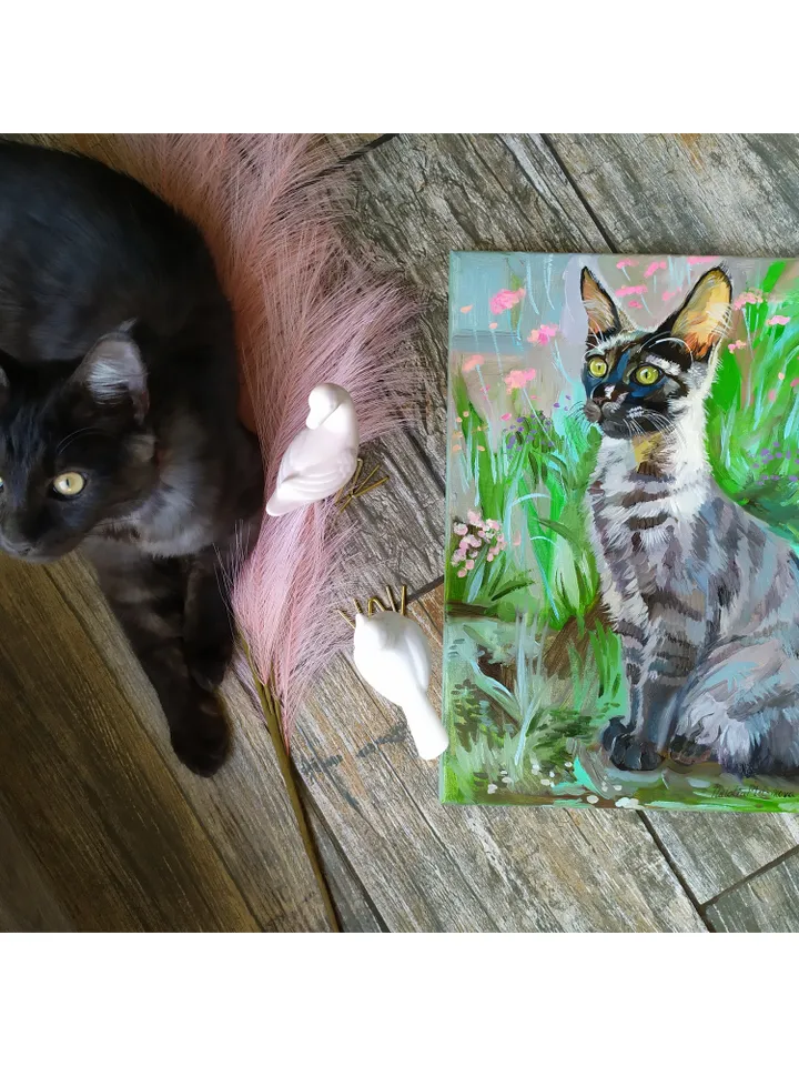 Maine Coon painting oil Animal Original Art Black Cat Artwork fine art Grey Pet canvas art by Natalia Plotnikova