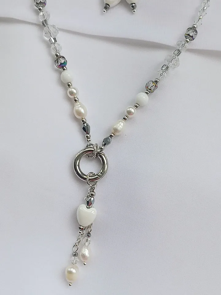 White Heart necklace and earrings set with natural pearls silver, heart shaped jewelry love gift, pearl earrings