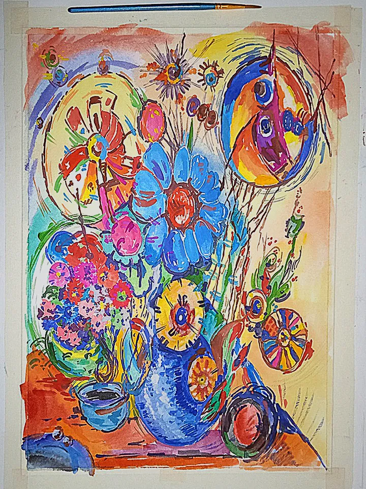 Kandinsky Flowers Style Original Art Abstract Painting Floral Wall Art Still Life Artwork 16 by 11 Above Sofa Art by TatianaArtShop