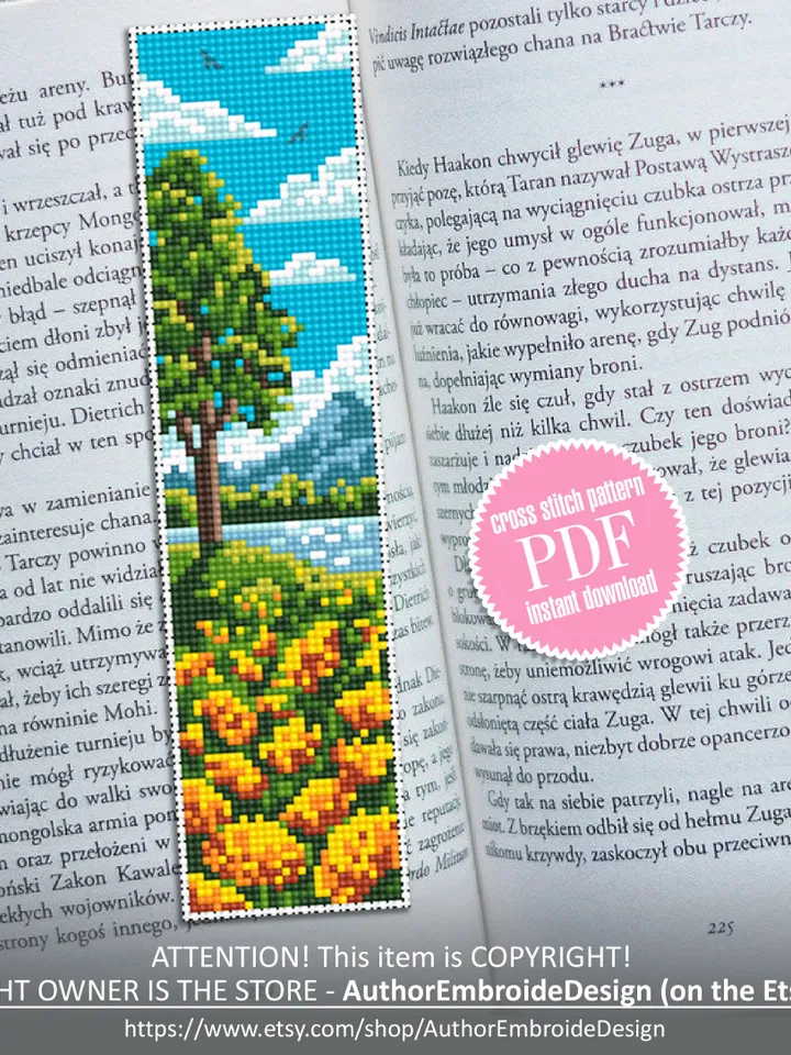 Nature bookmark cross stitch pattern download PDF Modern handmade bookmark digital PDF, Nature landscape cross stitch, Yellow flowers #B120