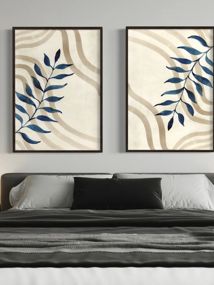 Indigo Beige Floral Minimalist Watercolor Wall Art, Set Of 2, Abstract Art Print, Blue Home Decor,
