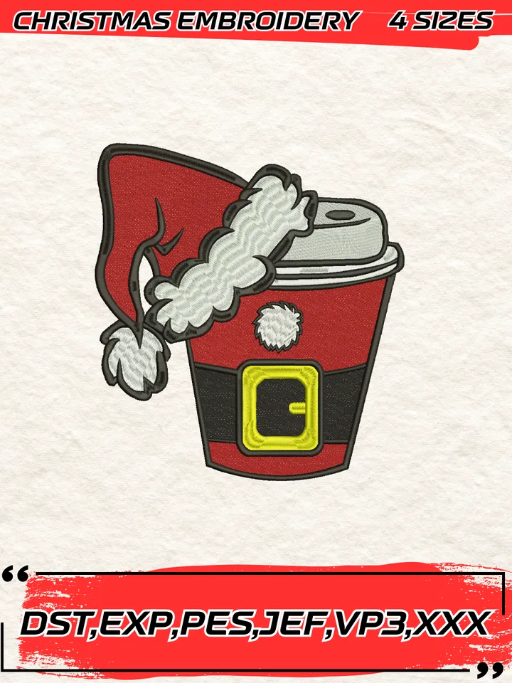 Christmas Cup Santa Embroidery Design,Christmas Embroidery Design,4 Sizes, Digital Download