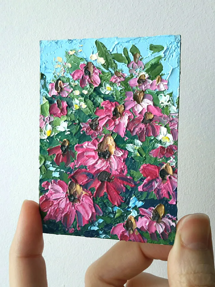 Echinacea Original Oil ACEO Painting Daisies Impasto Miniature Artwork