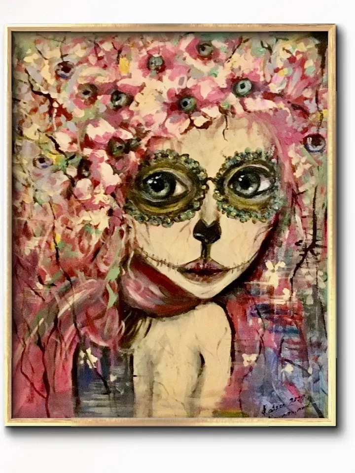 Santa muerte painting,original acrylic painting on stretched canvas,one of a kind,Halloween decoration,fantasy woman in flowers portrait.