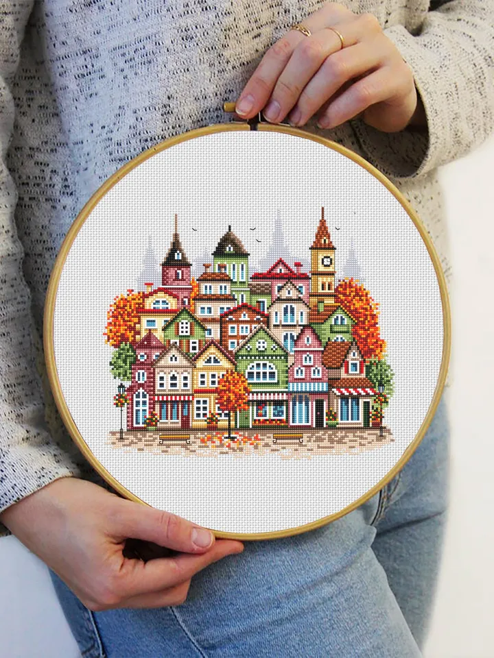 Fall houses cross stitch pattern PDF download Autumn cross stitch chart, Autumn city pattern digital PDF, Urban landscape, Home decor #E18