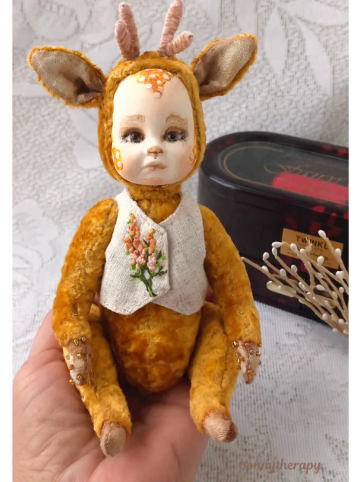 Teddy doll fawn 6 inches sitting.
