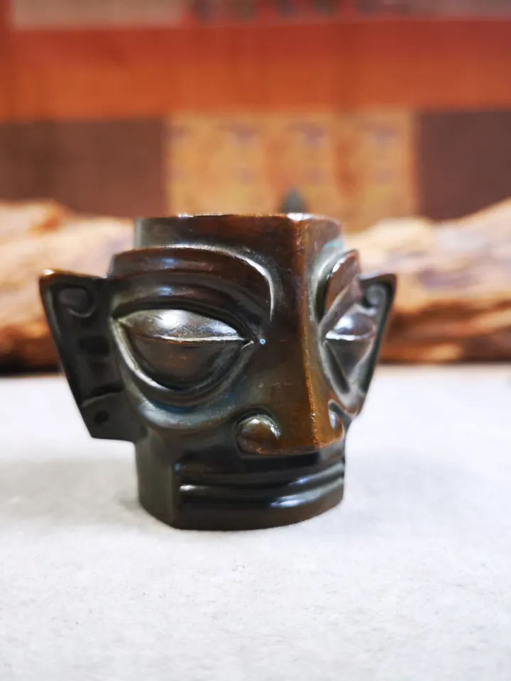 Gandhanra Replica Bronze Head Mask from Sanxingdui Ruins,4.7cm Height,Made of Red Copper,40 Years Old