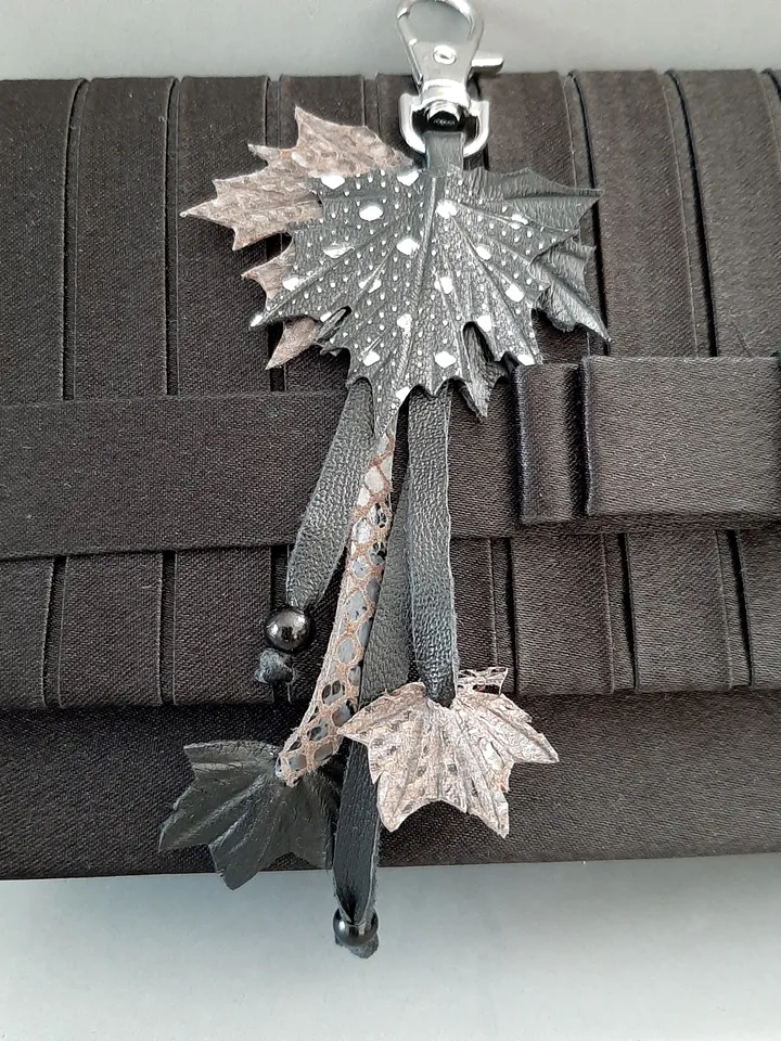 Black maple Leaf Keychain Leather tassel charm Leather Pendant