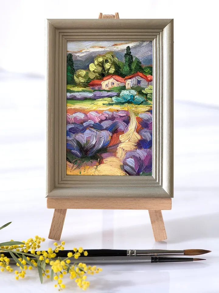 Lavender Fields Painting Tuscany Original Art Landscape Oil Painting Impasto Small Artwork 4x6 Tuscan Serenity Painting Wild Flowers