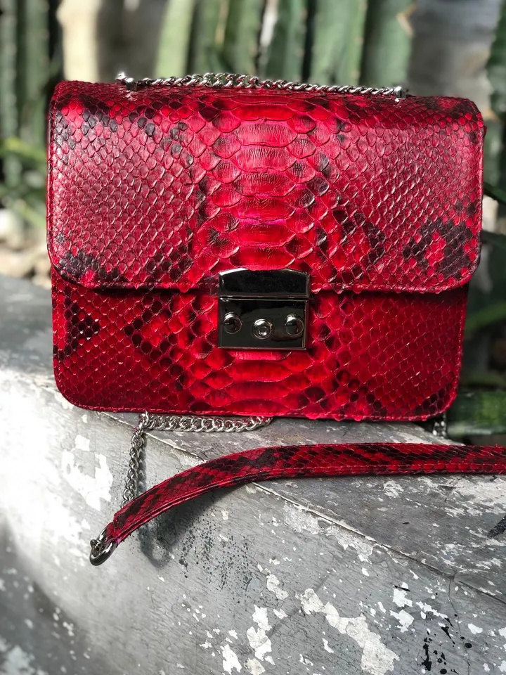Red Genuine Python Skin Bag Purse Chain Crossbody | Classy elegant red leather bag | Handmade designer Bag | Exotic skin bags | Red bag
