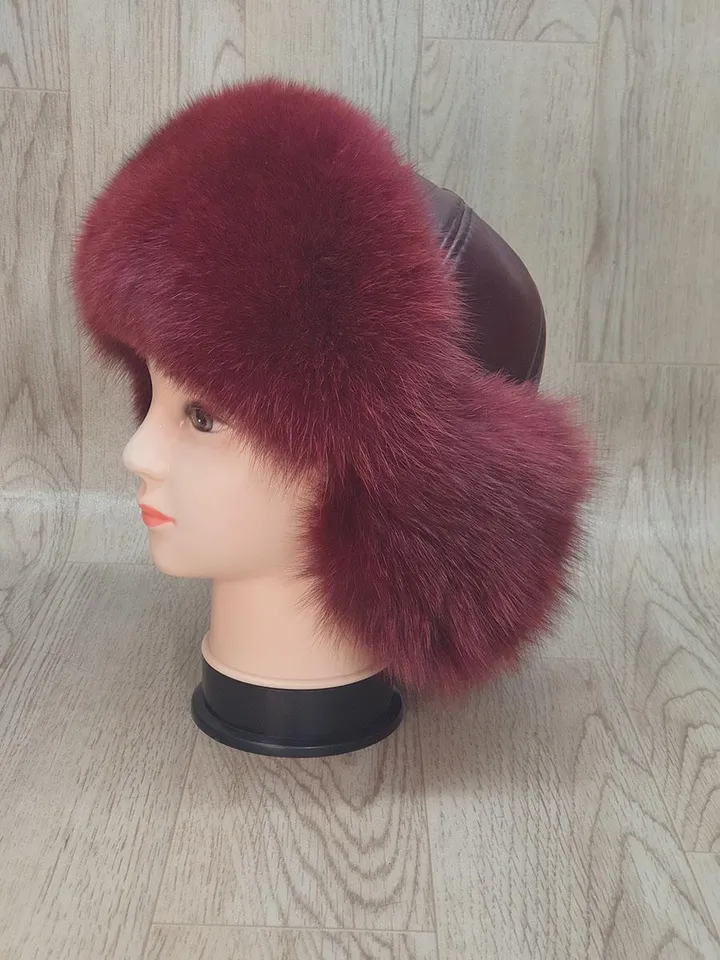 Women's Hat Zimushka from Fox. Fur hat from Natural Fur. Top of the Hat Genuine Leather. Winter hat. Handmade. Red hat made of arctic fur