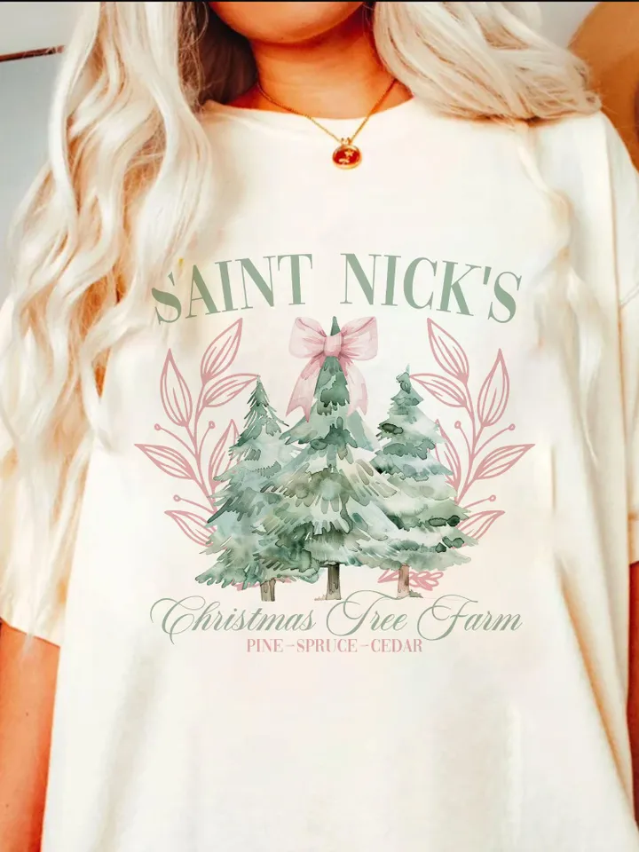 Saint Nick's Christmas Tree Farm PNG Coquette Pink Christmas Png vintage christmas png svg, boho christmas png,trendy Pink Bow png
