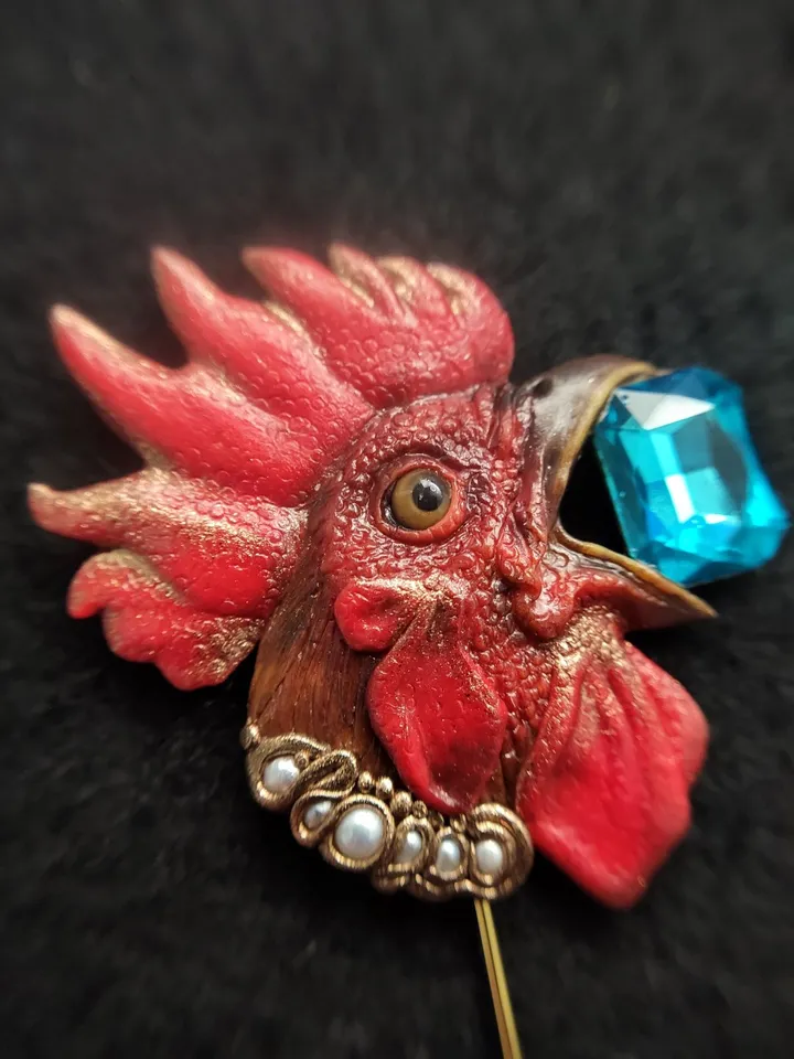 Brooch Rooster. Original handmade brooch with precious stones and pearls.